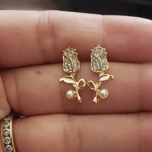 Gold Rhinestone Rose Earrings - Picture 6 of 6